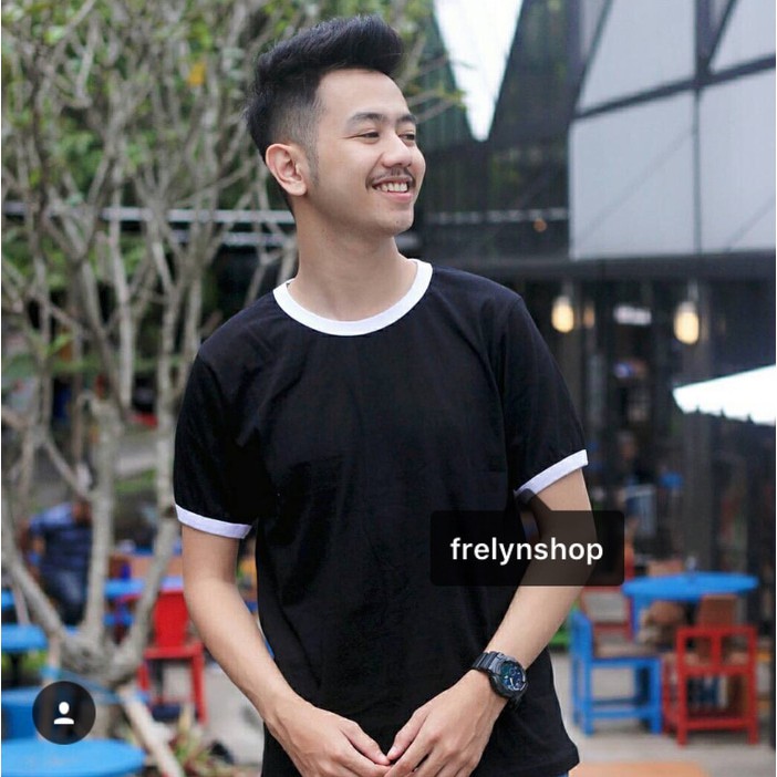 Super Murah Kaos Ringer Tee Pria/ Kaos Ringer Tee O-Neck pria POLOS HITAM Terbatas