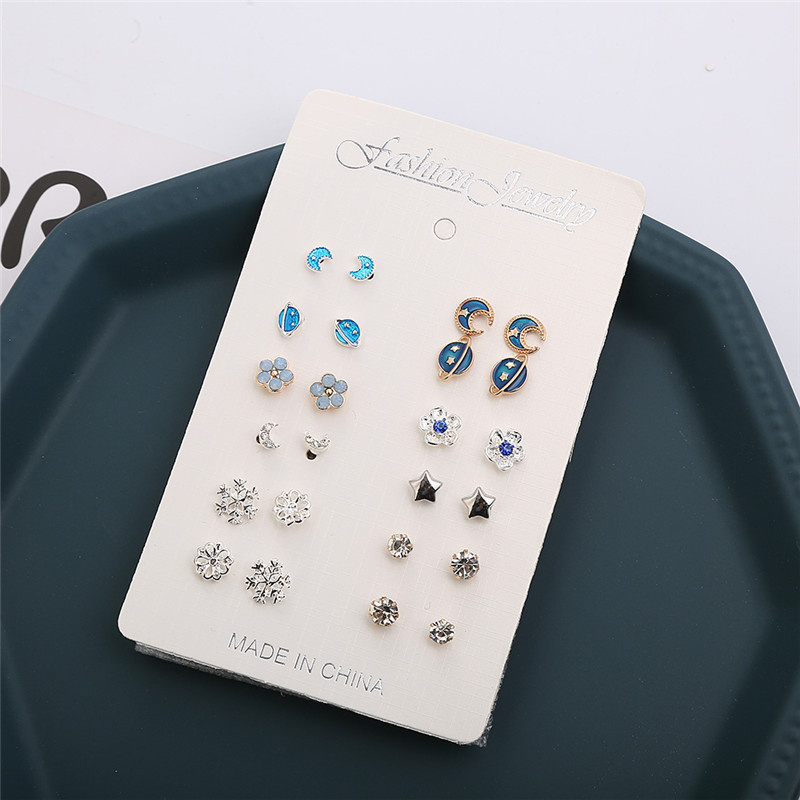 [12 Pairs Mixed Styles Rhinestone Geometric Moon Earth Stars Korean Studs Earrings Set] [Girls Simple Sweet Earrings ][ Korean INS Style Studs Earrings Party Ear Jewelry]