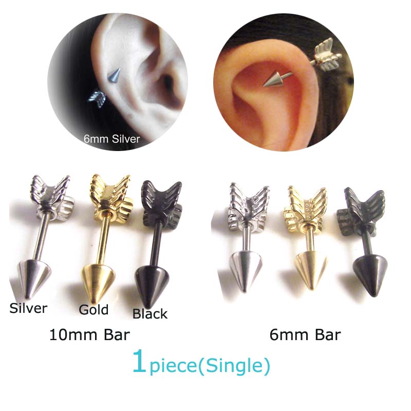 1piece Arrow Shape Stainless Steel Auricle Pinna Piercing 16G 6mm 10mm