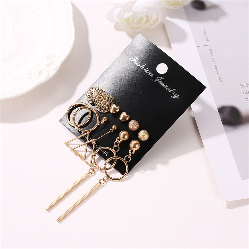 6 Pcs Anting Rumbai Bentuk Hati Geometris Warna Emas Gaya Eropa Amerika Untuk Wanita