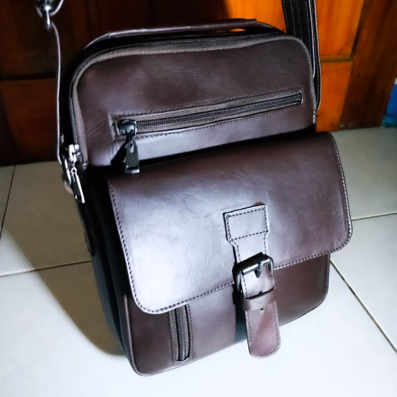 Tas selempang pria kulit asli pull up tebal tali kulit