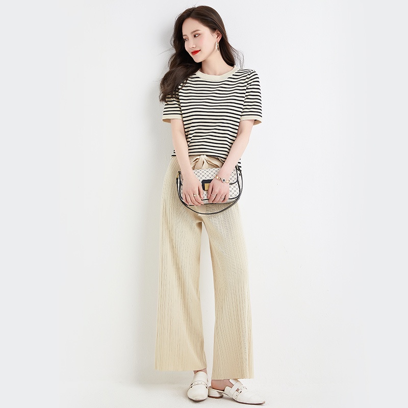 【Elegant】Korean Summer  Highwaist Long Pants &amp; Short Sleeve T-Shirt One Set   7479