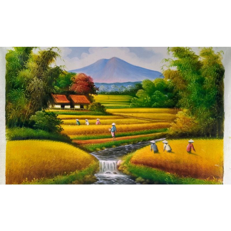 Lukisan panen padi khas Jelekong asli buatan tangan ukuran 60x80