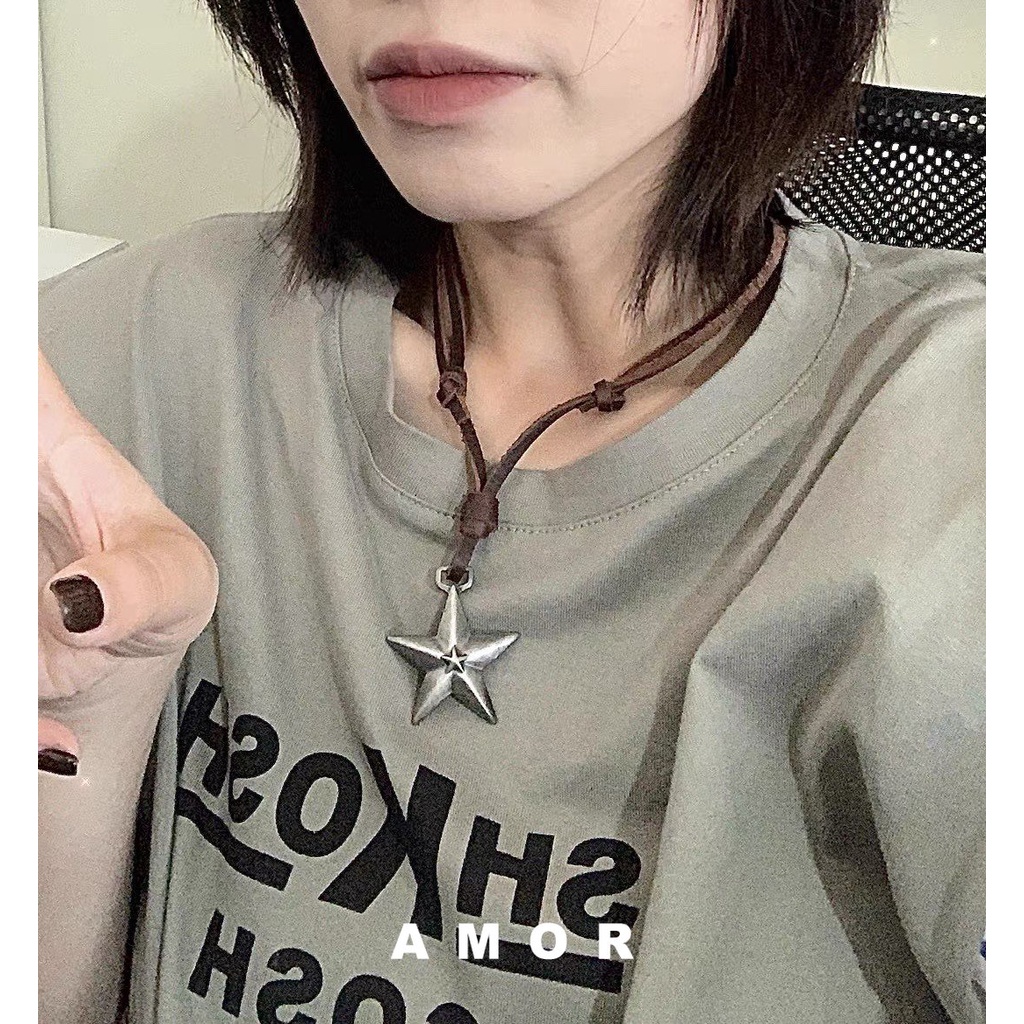 Kalung Panjang Liontin Bintang adjustable Bahan alloy Warna silver Gaya punk