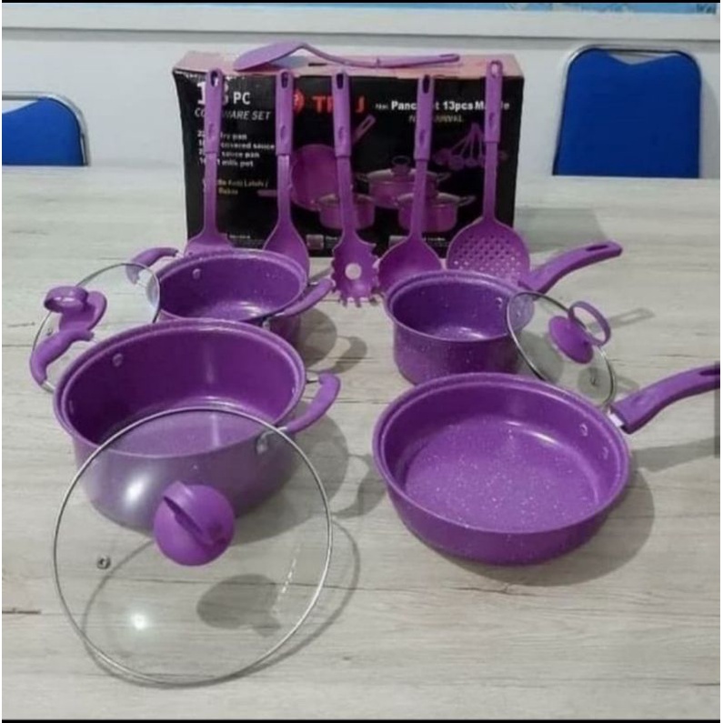 Panci teflon set 13pcs / cookware set  13pcs komplit / panci set marble 13pcs / panci set ungu