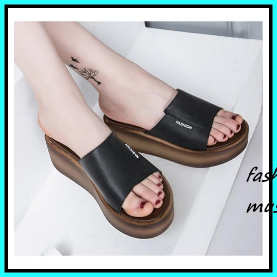 Sepatu Sendal Sandal Wedges Kulit Asli Slop Selop Wanita / Cewek Papirut Garut Ori Kondangan Andien 