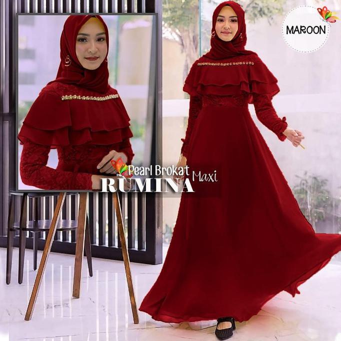 Gamis Pesta Terbaru Baju Muslim Wanita Rumina Dress Brokat - Merah Muda Alexandriastorejkt