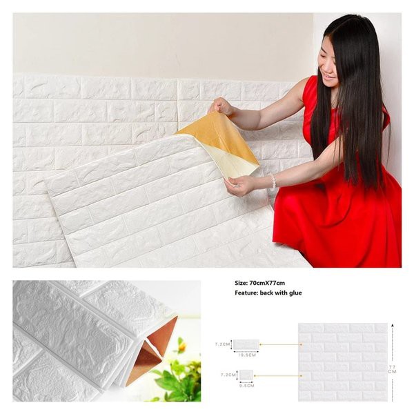 Walpaper foam tebal motif bata 3D putih ukuran 70x77 cm