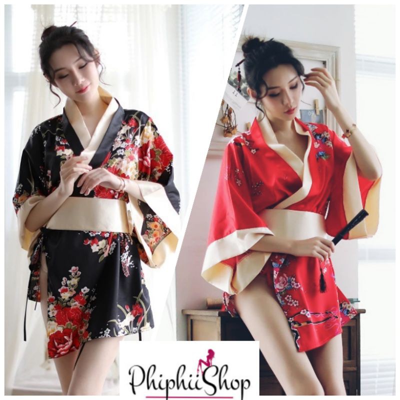 《Phiphii》PREMIUM Kimono Jepang Cosplay Sexy Lingerie Bahan Ice Silk Motif Bunga