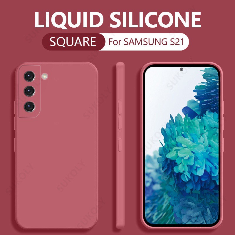 Samsung Galaxy S21 Plus S20 FE Samsung Galaxy Note20 Note 20 S21 Ultra S21+ Casing Square Liquid Silicone Phone Case Soft TPU Shockproof Bumper Back Cover-Camellia Red