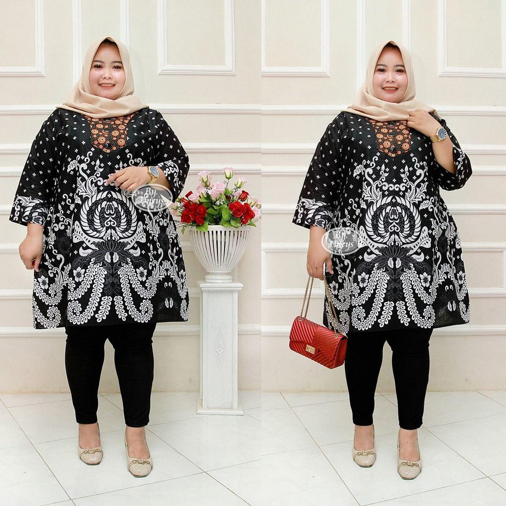 Tunik Batik Wanita Ukuran Jumbo LD 140cm Resleting Belakang Bahan Katun Adem Di Pakai Serap Keringat