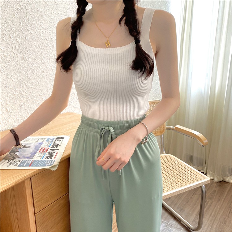 Feminin Tank Top Wanita Pakaian Atasan Tanktop Cewek Korea Rajut Square Neck Inner Wear-PUTIH