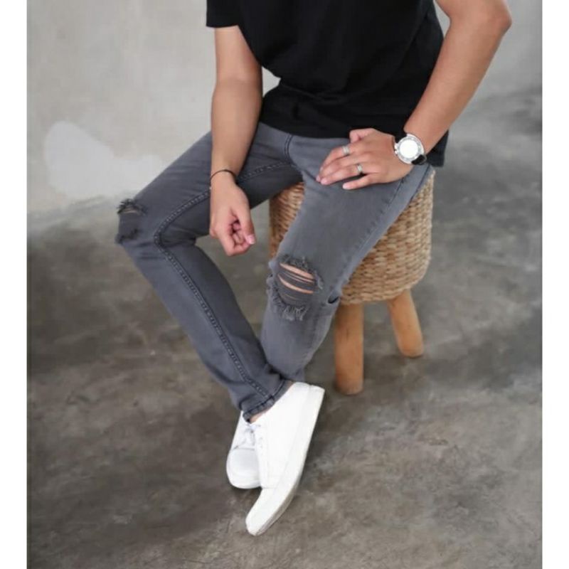 Celana Jeans sobek lutut robek rippet hitam destroy premium-7