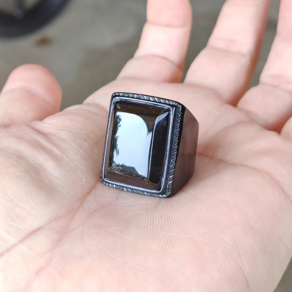 CINCIN BATU AKIK NATURAL YAMAN WULUNG HITAM PEKAT - KECUBUNG API OCTAGON TITANIUM HITAM