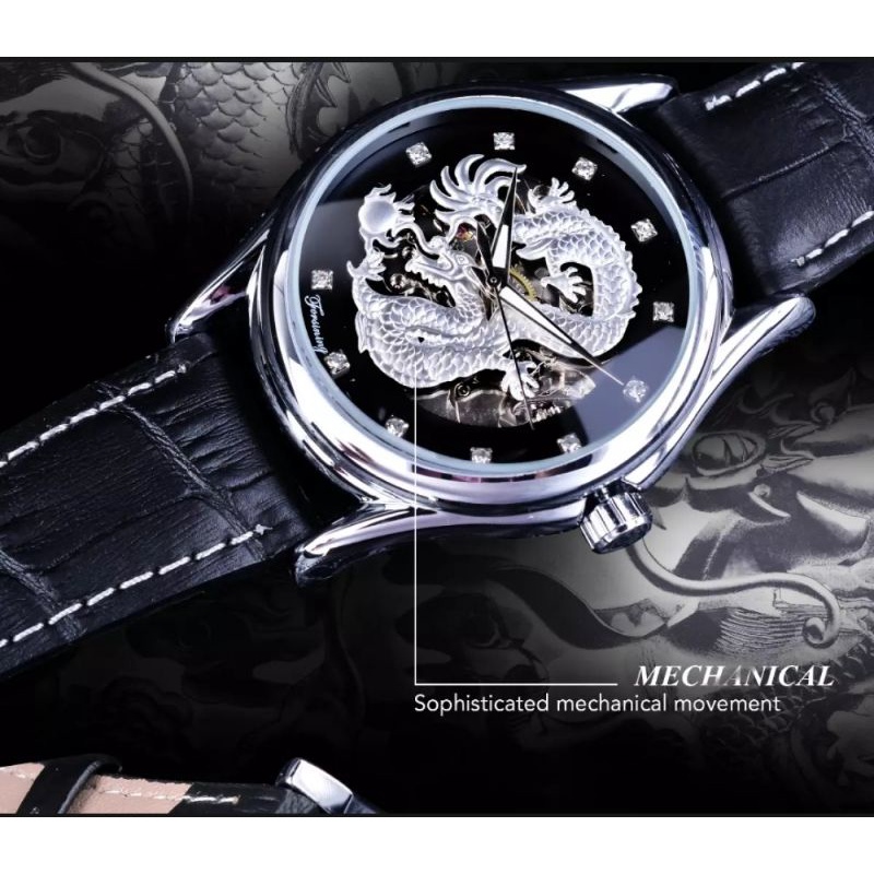 Jam Tangan Mekanik Forsining Original Motif Naga Transparan Skeleton Warna Silver Black