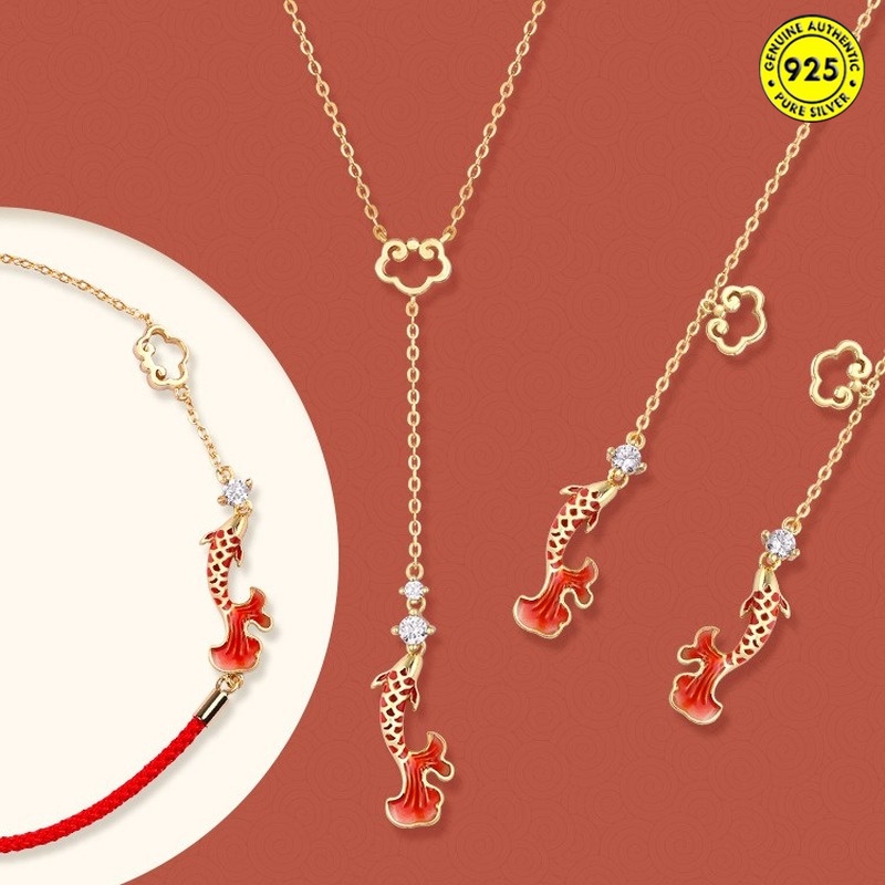 Ruyi Koi Jewelry Set Carp Enamel Necklace Hanging Earrings Woven Red Rope Auspicious Cloud Bracelet