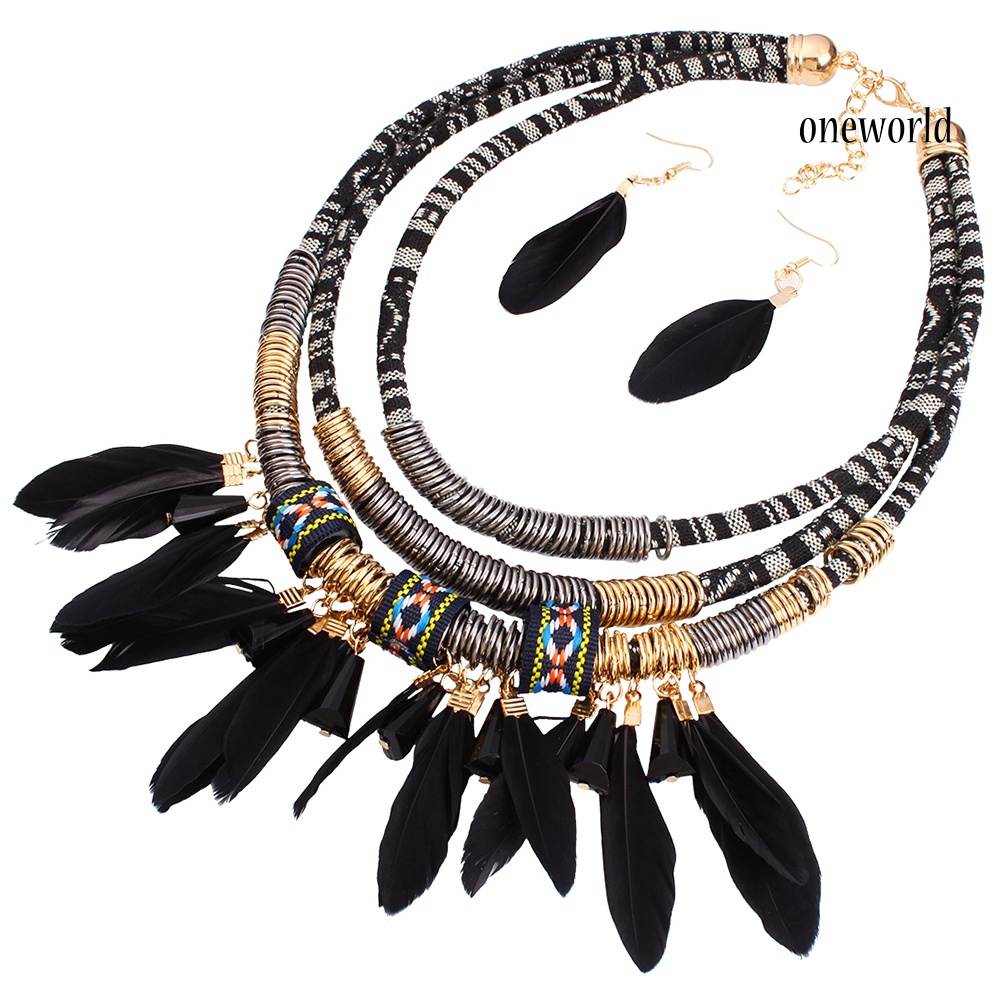 OW@ 2Pcs Feather Tassel Charm Multilayer Choker Lady Statement Necklace Earrings Set