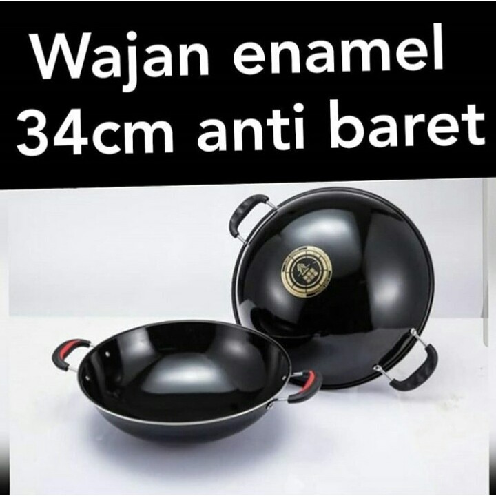 Wajan Enamel Anti Lengket Anti Gores 34cm Wajan Wok Gagang dan kuping