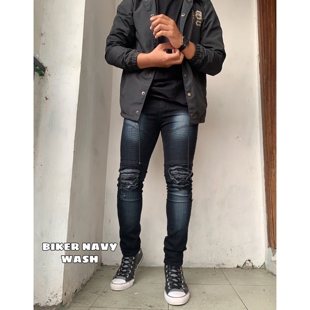 Celana Jeans Sobek Biker Pria Snow Black Jazz Ripped Strech Original Sobek Rucas Dengkul Korean Style Terbaru