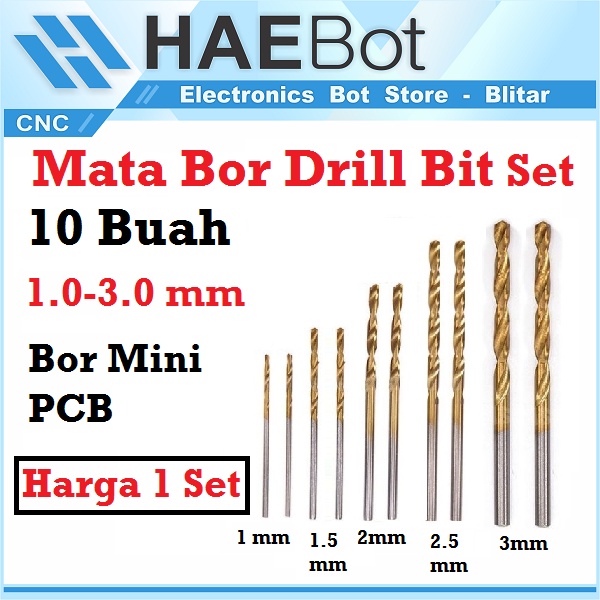 [HAEBOT] Mata Bor Drill Bit Set 10 Buah 1.0-3.0 mm 2 pcs / ukuran buah Bor Mini PCB Board Titanium Kayu Lubang Tipis Paket