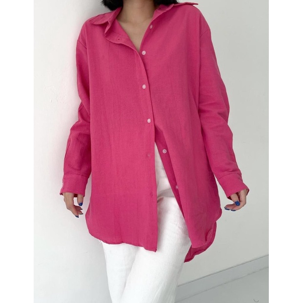 Blouse atasan wanita linen BIG SALE oversize shirt - kemeja basic polos wanita oversize bigsize jumbo blouse lengan panjang atasan formal kerja linen premium