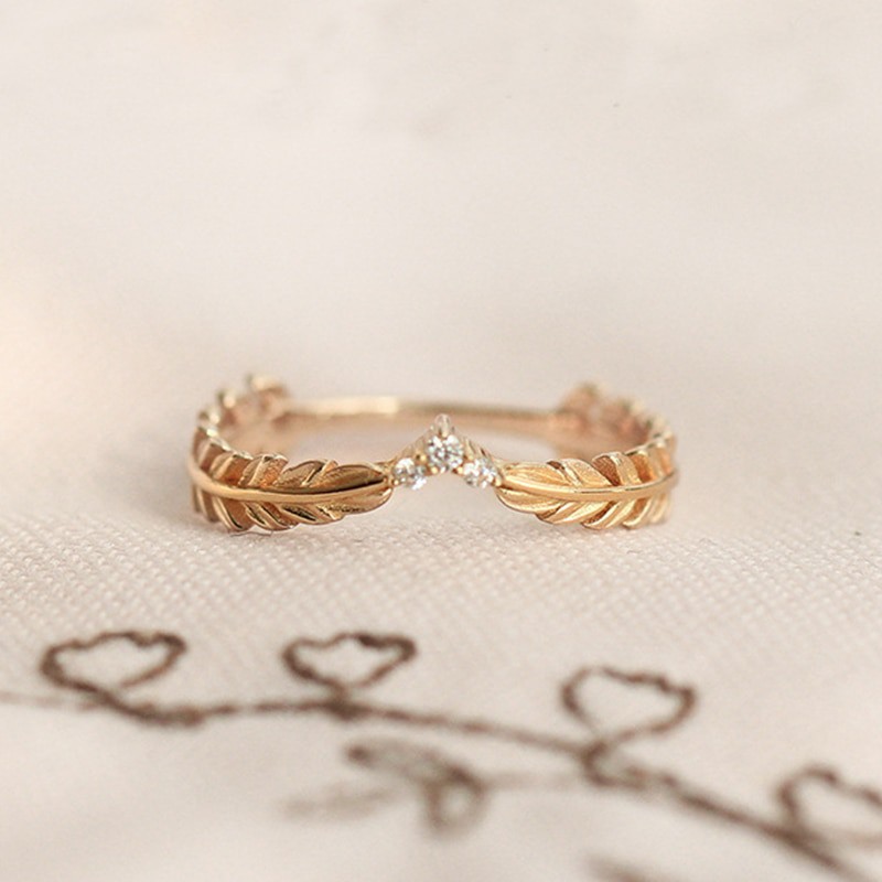 Cincin Emas Cincin Daun Cincin Bulu Tanaman Gandum Cincin Bentuk V Shaped