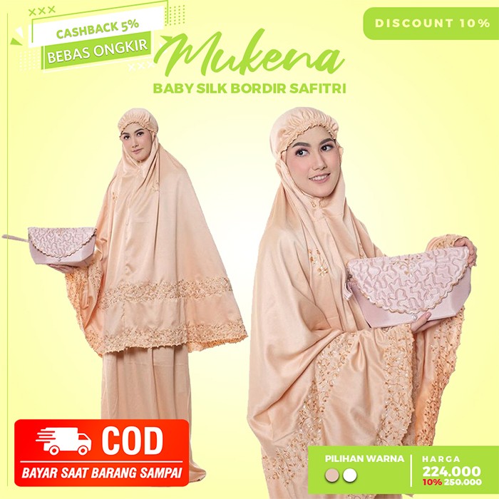 Mukena Dewasa Baby Silk Bordir Safitri Adem Lembut Bonus Tas Cantik