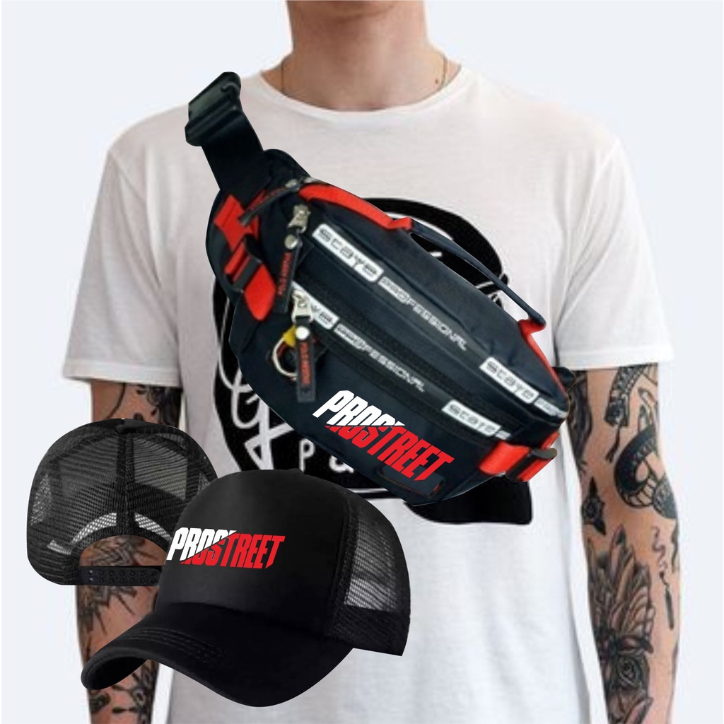 tas selempang waterpoof PROSTREET logo plus topi/logo bisa custom