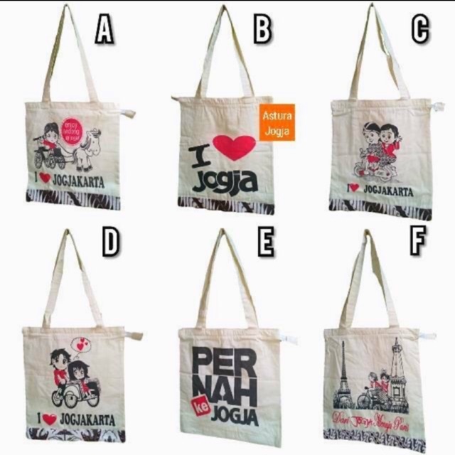 Tas kanvas blacu putih (motif di kirim random,semua bernuansa Jogja)