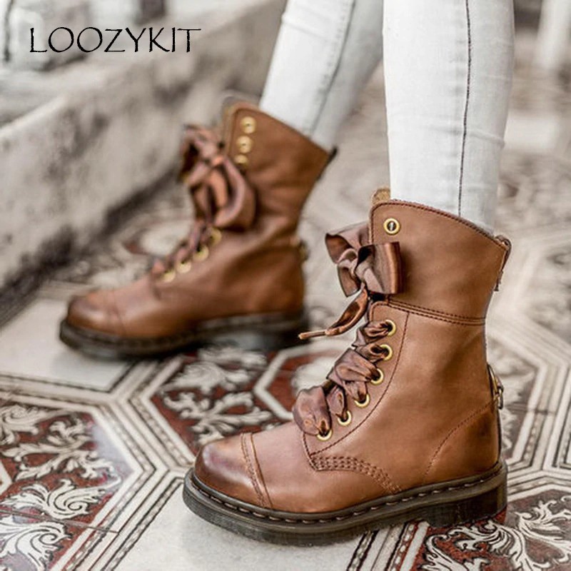 sepatu boots LOOZYKIT Women Boots Vintage Retro Lace Up Female Motorcycles Boots Lace Up Leather
