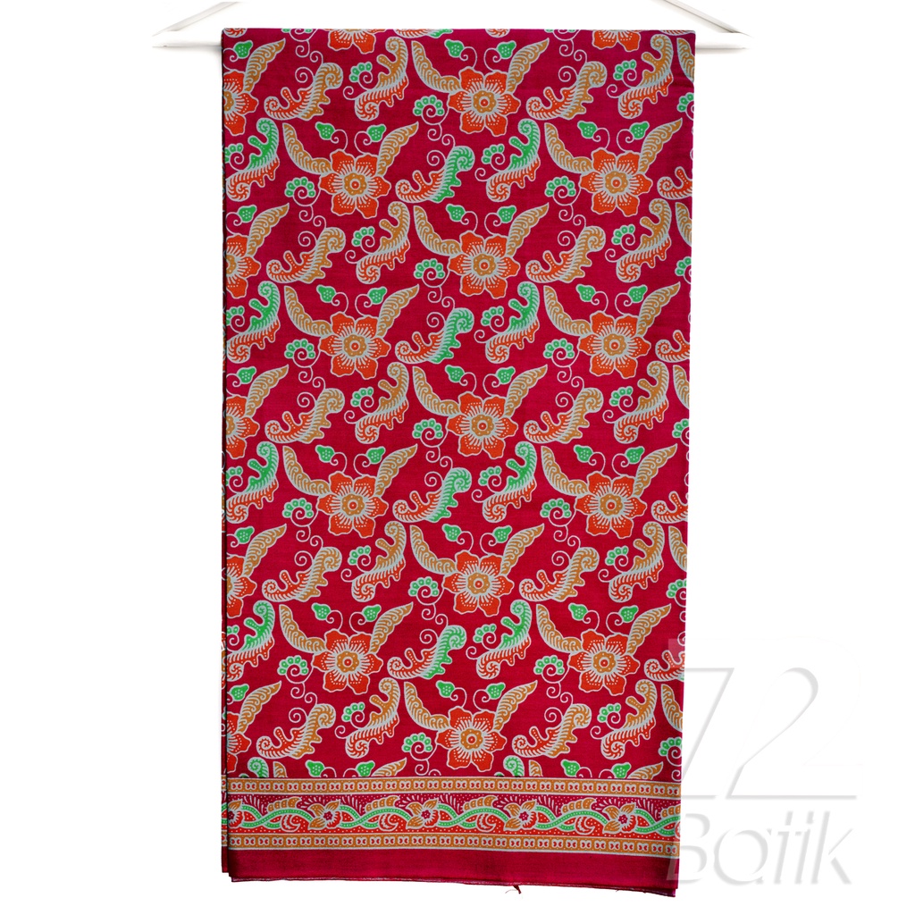 KAIN BATIK KATUN Premium Motif Kembang Warna Merah Orange Hijau 727235 Cap 72 Jarik Jarit Samping Kebat Panjang Batik Katun Modern Premium Bahan Seragam Batik Pernikahan Kantor Keluarga Murah Kamen Jadi Batik Bali Lembaran