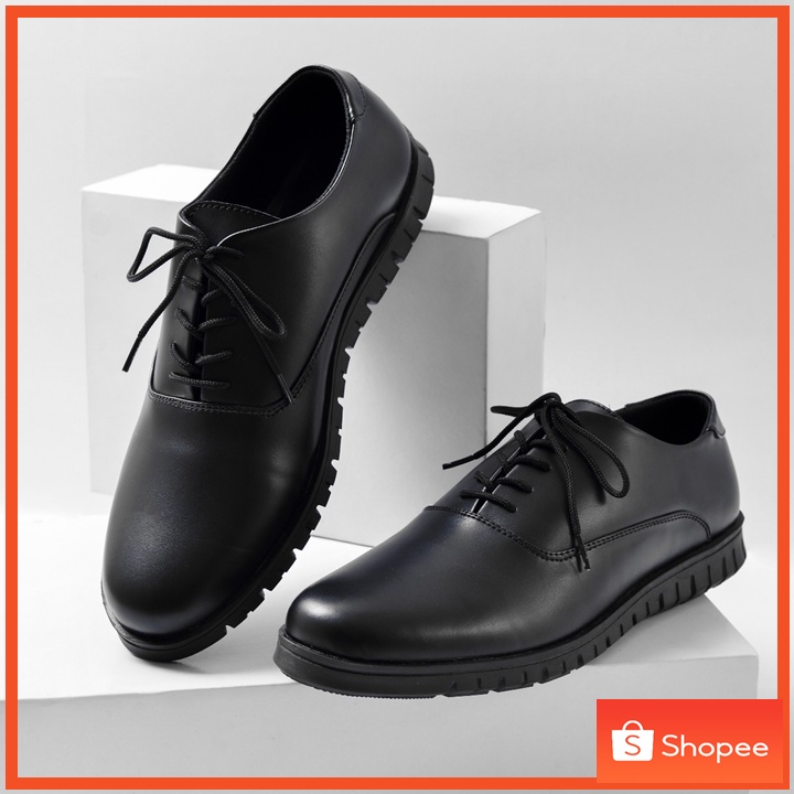 Sepatu Formal Casual Kantor Pria Kulit Kerja Kasual Pantofel Pantopel Oxford - Houston Full Black