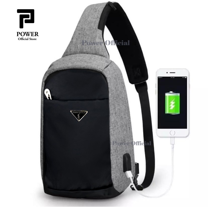 Polo Power - Tas Selempang Pria Anti Maling Slingbag Import USB - Smart Crossbody Bag Anti Thief USB