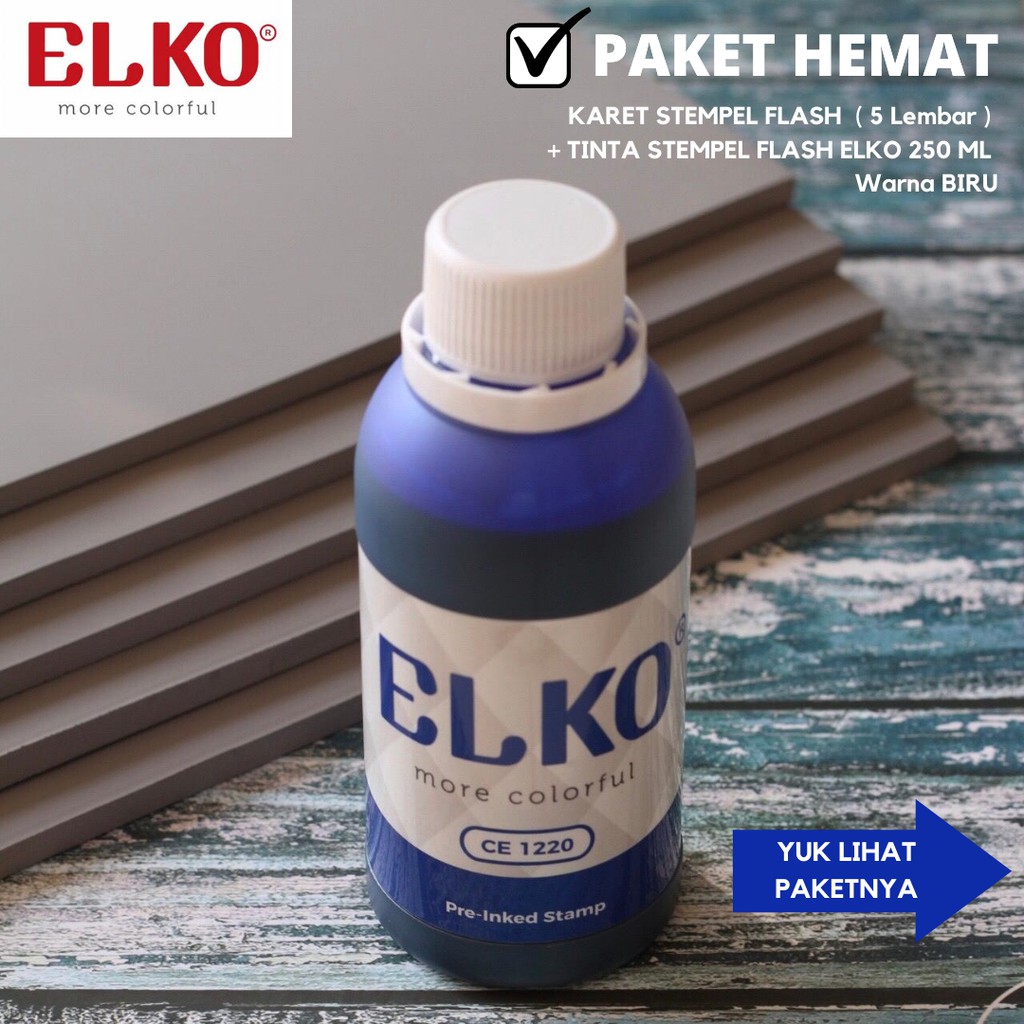 

Karet Stempel Flash 15x33x7 / (5 Lembar) + Tinta Stempel Flash ELKO 250 ML Warna BIRU