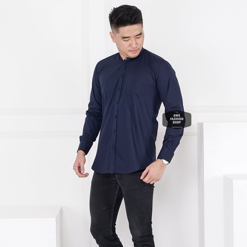 Kemeja Panjang Biru Navy Dark Blue Kerah Shanghai Pria Cowok Casual