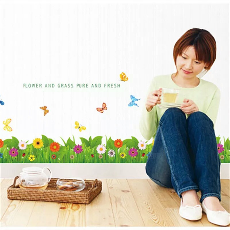 RELIZA WALLSTICKER RUMPUT PAGAR BUNGA FLOWERS BUTTERFLY GREEN GRASS AY757 STIKER DINDING
