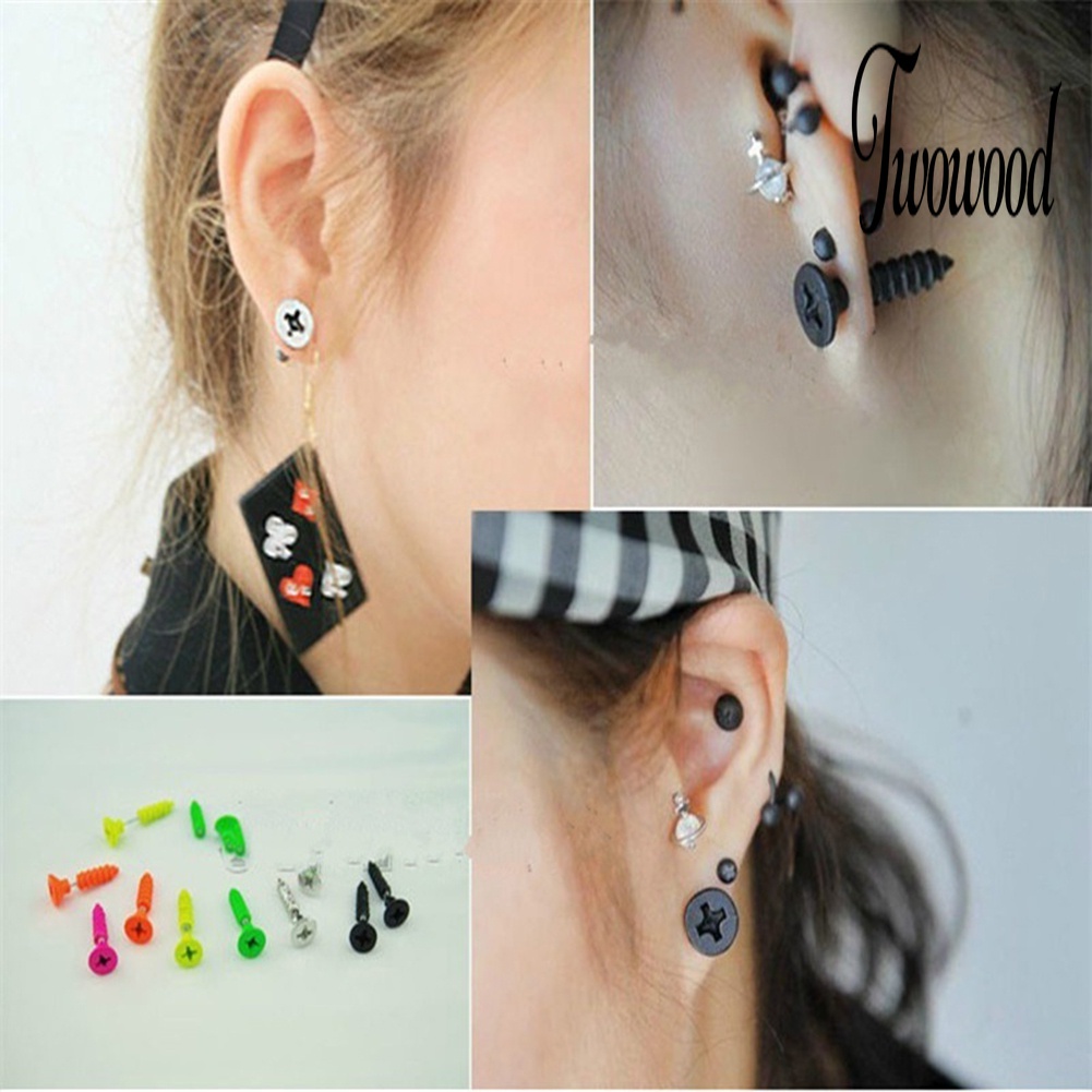 1 Pasang Anting Stud Bentuk Sekrup Bahan Stainless Steel Gaya Punk Gothic Untuk Unisex