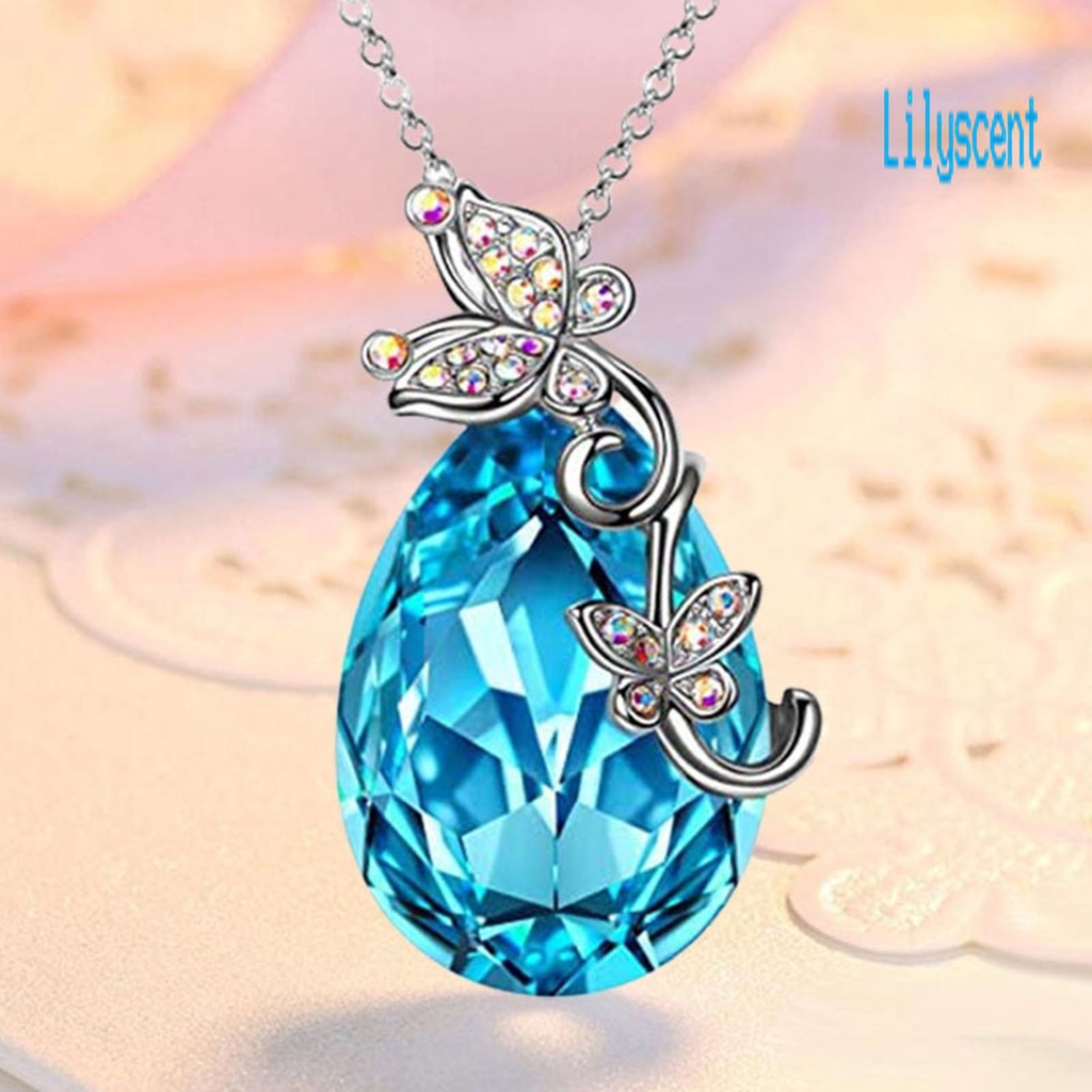 Kalung Rantai Desain Butterfly Waterdrop Aksen Kristal Imitasi Warna Biru Bahan Silver Plated Untuk Wanita