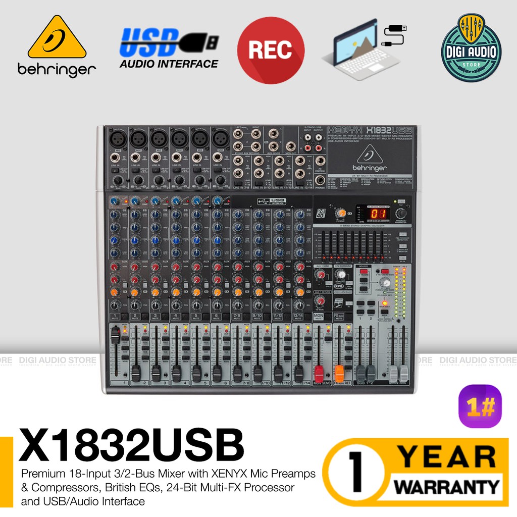 Audio Mixer 10 Channel BEHRINGER Xenyx X1832USB with Soundcard USB Audio Interface Recording X 1832