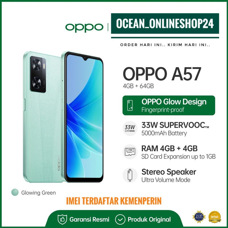 PROMO OPPO A57 RAM 4GB 64GB - GREEN - IPX4, IP5X - HELIO G35 - 33W SUPERVOOC™ - 5000mAh