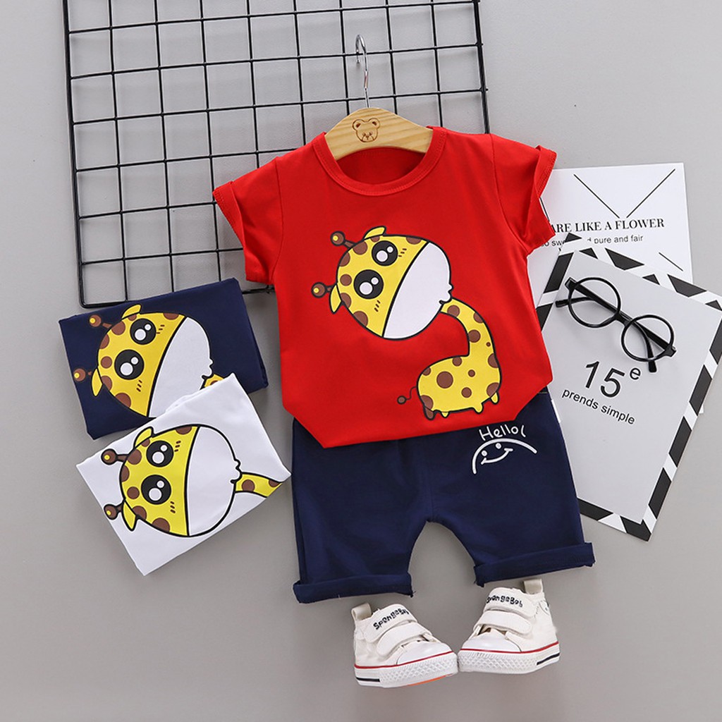 Merleigou Setelan Kaos T Shirt Anak Laki Laki Perempuan Lengan Pendek Gambar Kartun Celana