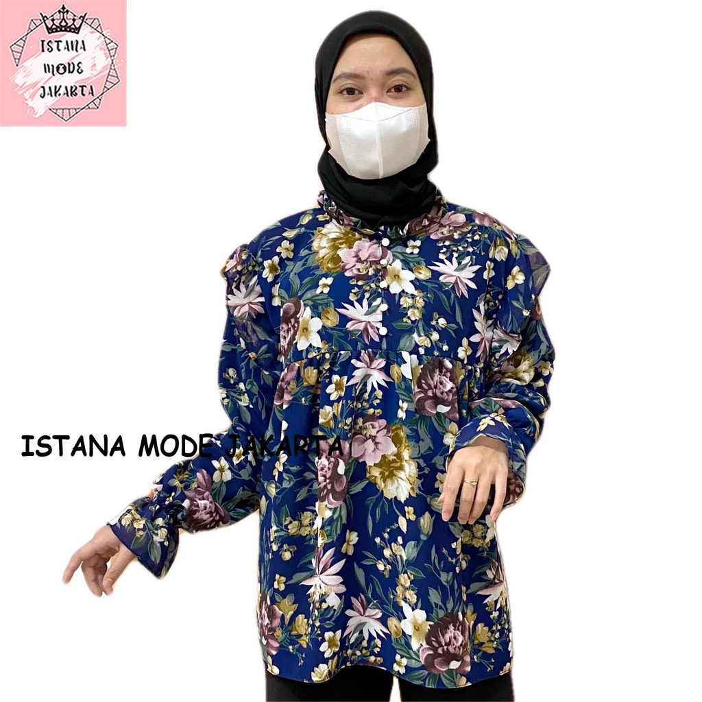 ISTANA MODE JAKARTA Zira baju atasan wanita terbaru blouse korean style blouse wanita lengan panjang-BUNGA NAVY 4
