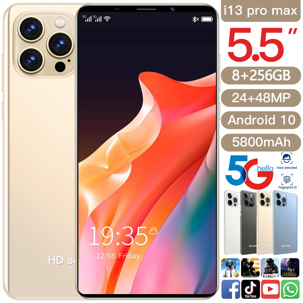 Handphone i13 Pro Max Smartphone 8GB+256GB Global Versi 5.5 inch Cellphone Bluetooth Dual Card SIM MobilePhone Android