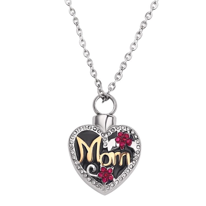 Kalung Rantai Silver Dengan Liontin Batu Permata Motif Print Tulisan MOM Untuk Wanita