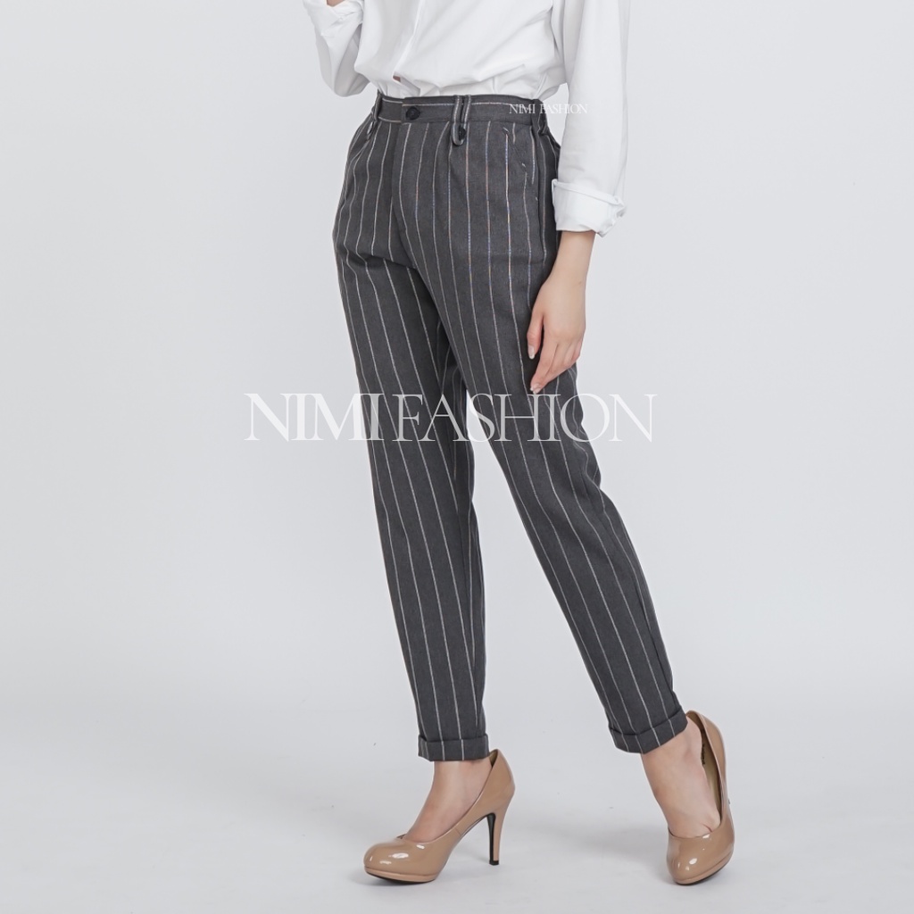 NIMI - Celana Salur Wanita Celana Baggy Motif Garis Celana Bahan Kerja Wanita Pinggang Karet