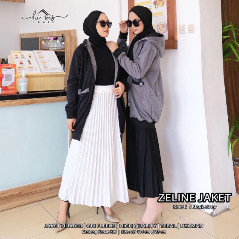 Zeline jaket hijaber fleece panjang cewek wanita muslimah twotone outer jacketq