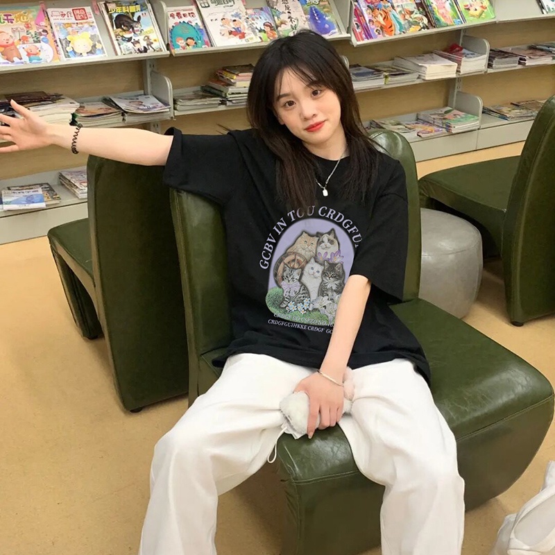 EUNII T-shirt Lengan Pendek Retro Kucing Pencetakan Longgar Korean Style/Kaos Atasan Wanita/Baju Kaus Oversize Wanita