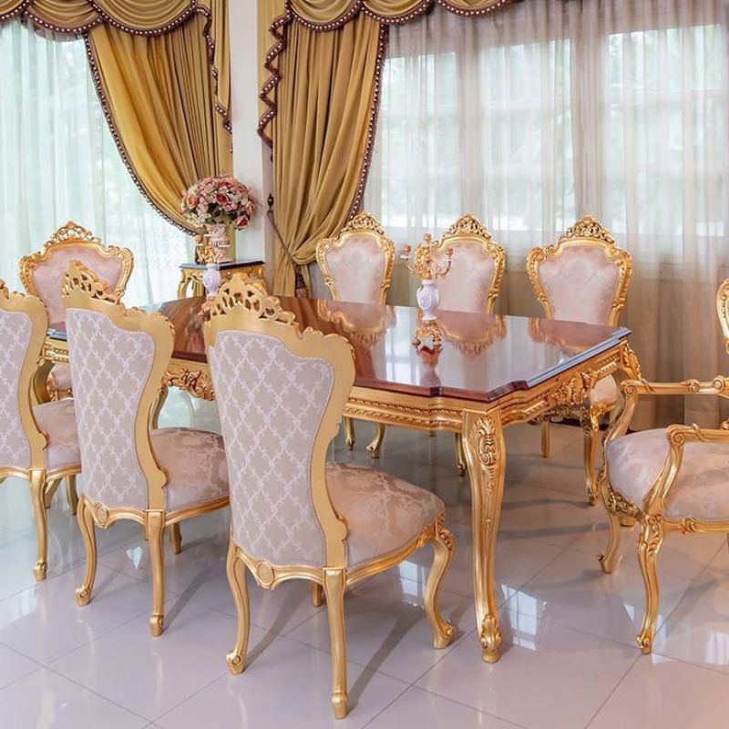 SET MEJA MAKAN LUXURY GOLD UKIR 8 KURSI, SET KURSI MAKAN UKIR LUXURY