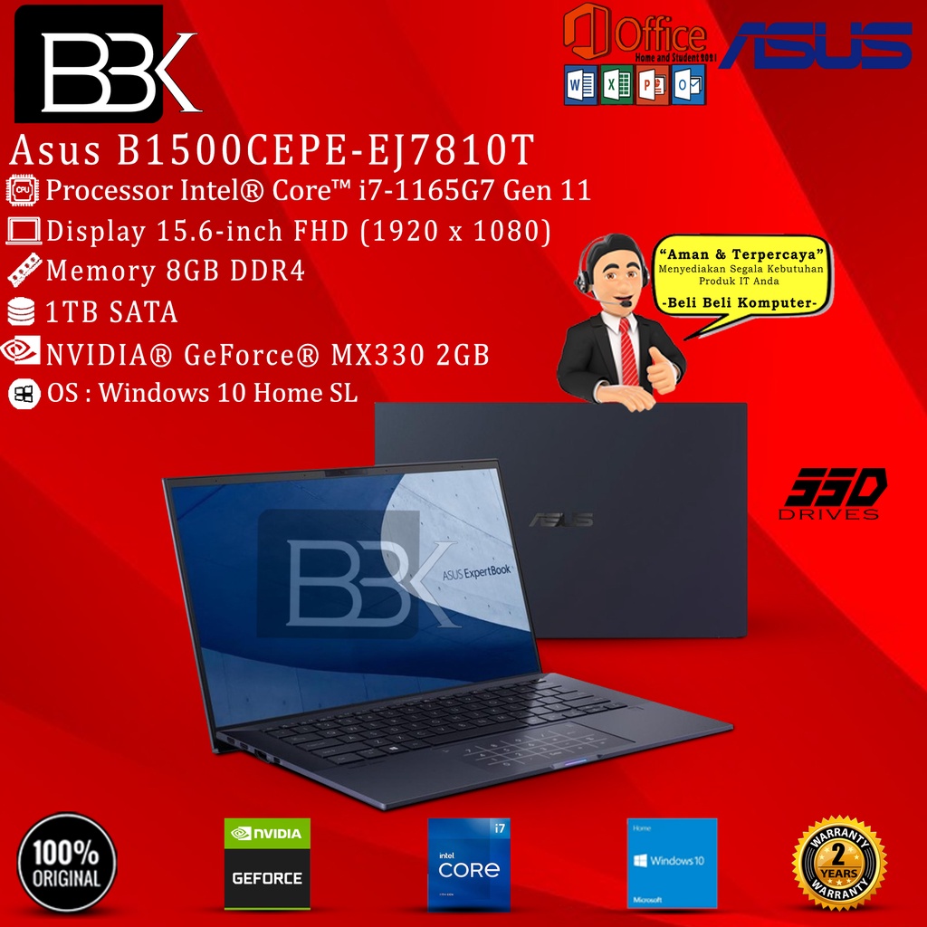 ASUS ExpertBook B1500CEPE-EJ7810T i7-1165G7 8GB 1TB SATA VGA W10H 1Yrs