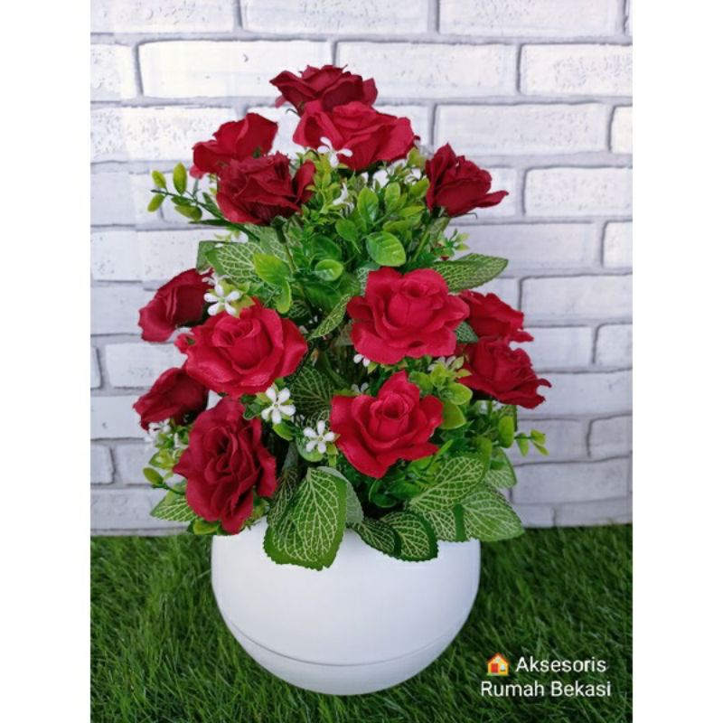 hiasan bunga buket mawar konfetuset pot jumbo, hiasan meja sudut rumah, hiasan meja kantor
